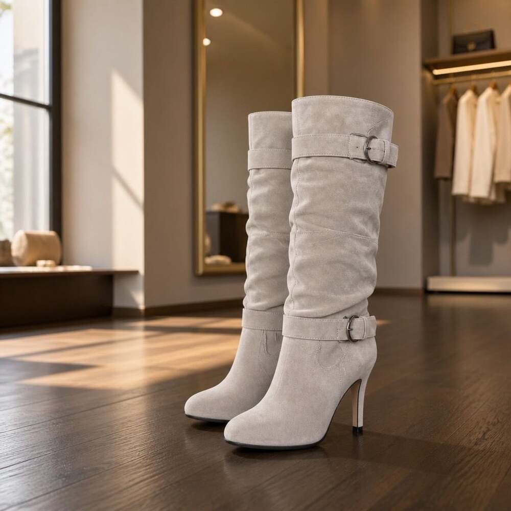 Women's Slouchy Suede High Heel Knee-High Boots with Buckle Straps Side Zipper